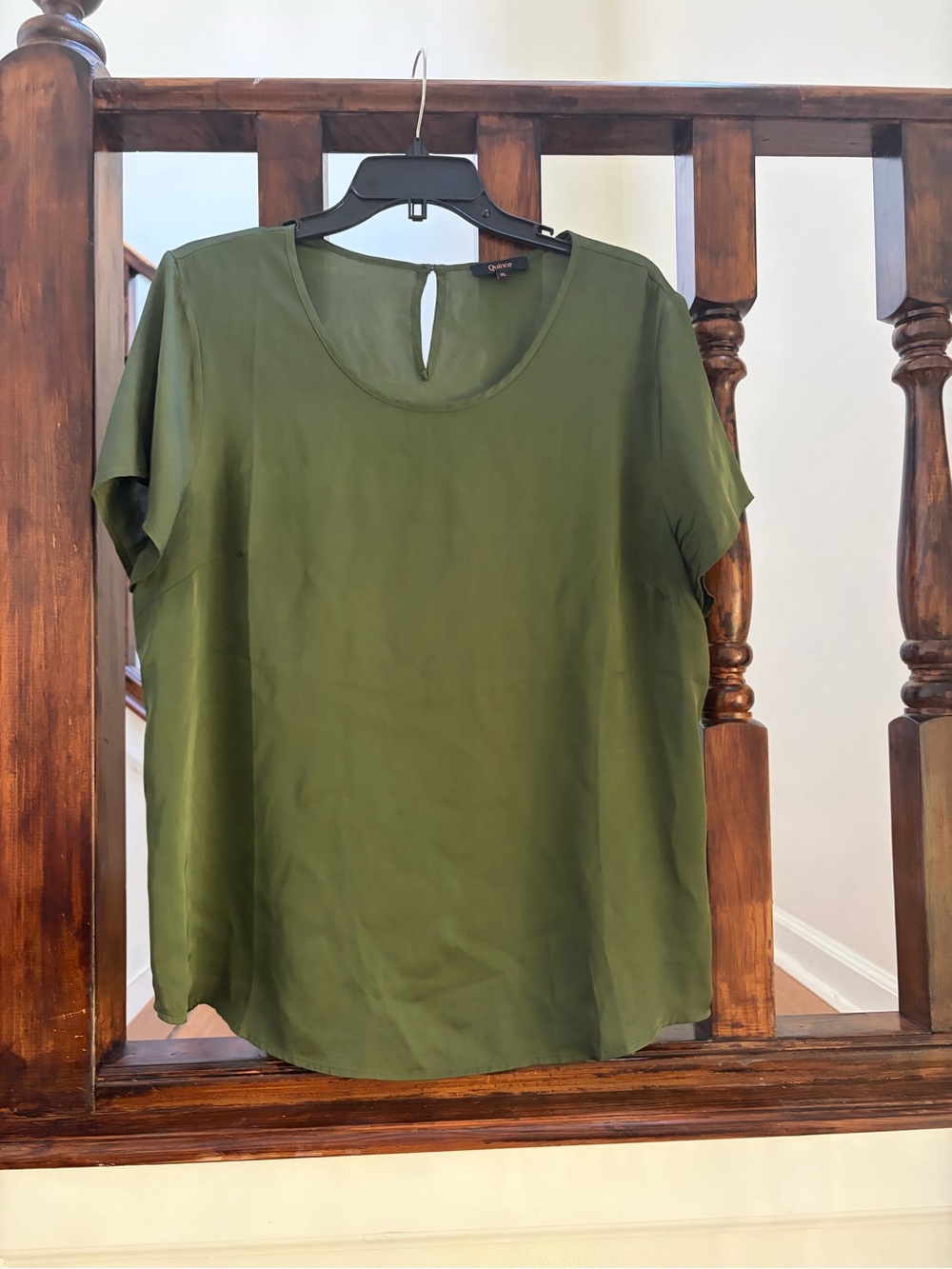Women's Olive Green Silk Short-Sleeve Blouse with Keyhole Back